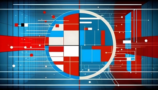 Big data abstract geometry visualization concept background in Bauhaus retro style in red, blue and white colors. AI Generative content