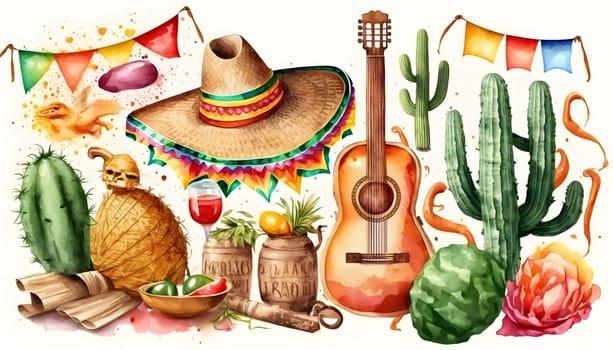 Mexican holiday Cinco de Mayo, May 5 watercolor background with Mexican traditional national ethnic symbols flags, flowers, decorations, guitar, hat, cactuses, bright details. AI Generative content
