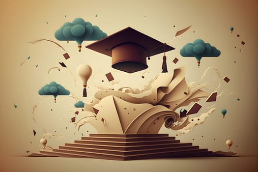 Graduation illustration background with graduation hat and books. AI Generative content