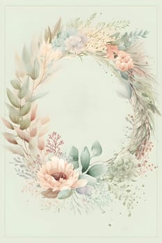 Floral botanical hand painted watercolor wreath template illustration green background for wedding invitation, airy soft color flowers and green leaves in boho style. AI Generative content