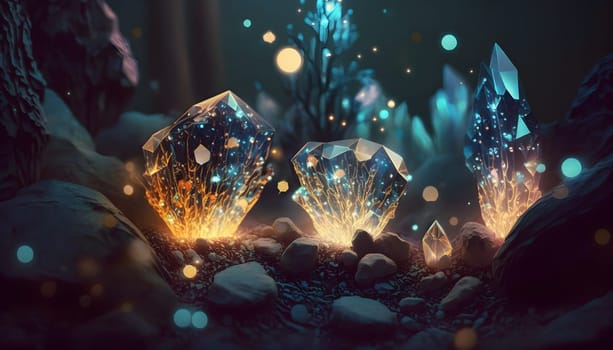 Magical iridescent crystals in dark mystery forest with sparkling glow and golden glimmer in the dark. Fairy tale or dream natural background. AI Generative content