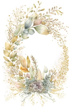 Floral botanical hand painted watercolor wreath template illustration background for wedding invitation, airy soft color flowers and green leaves in boho style, golden details. AI Generative content