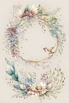 Floral botanical hand painted watercolor wreath template illustration background for wedding invitation, airy soft color flowers and green leaves in boho style, golden details. AI Generative content