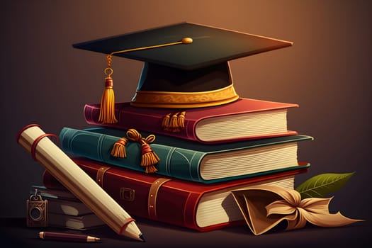 Graduation illustration background with graduation hat and books. AI Generative content
