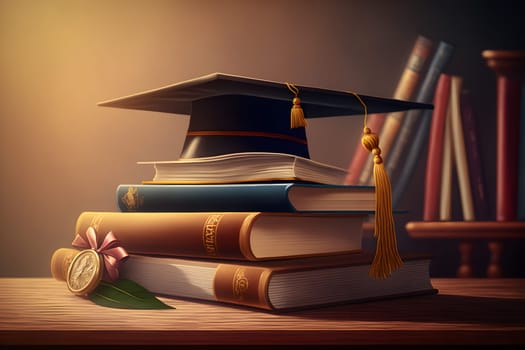 Graduation illustration background with graduation hat and books. AI Generative content