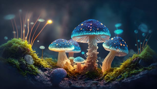 Magical iridescent mushrooms in dark mystery forest with sparkling glow and golden glimmer in the dark. Fairy tale or dream natural background. Hallucinogen psychedelics fungi. AI Generative content