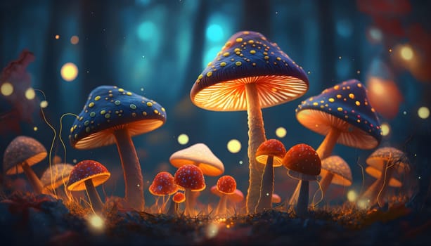 Magical iridescent mushrooms in dark mystery forest with sparkling glow and golden glimmer in the dark. Fairy tale or dream natural background. Hallucinogen psychedelics fungi. AI Generative content
