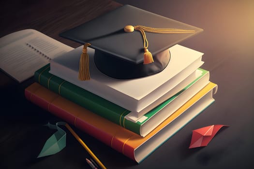 Graduation illustration background with graduation hat and books. AI Generative content