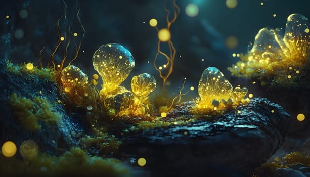 Magical iridescent crystals in dark mystery forest with sparkling glow and golden glimmer in the dark. Fairy tale or dream natural background. AI Generative content