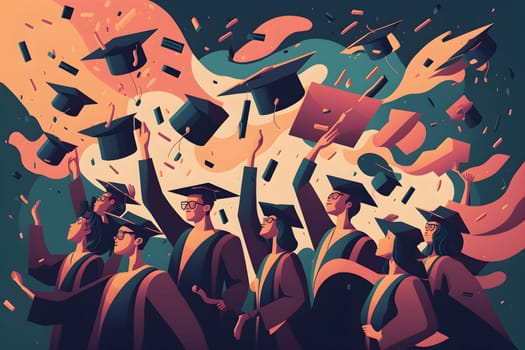 Graduation illustration background with celebrating students. AI Generative content