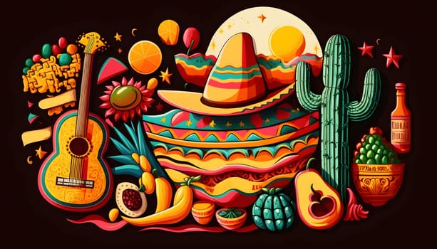 Mexican holiday Cinco de Mayo, May 5 pattern on black background with Mexican traditional national ethnic symbols flags flowers decorations guitar hat cactuses bright details. AI Generative content
