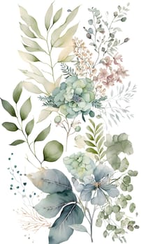 Floral botanical hand painted watercolor illustration background for wedding invitation, wallpapers or graphic design with airy soft color flowers and green leaves in boho style. AI Generative content