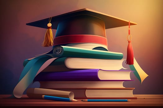 Graduation illustration background with graduation hat and books. AI Generative content