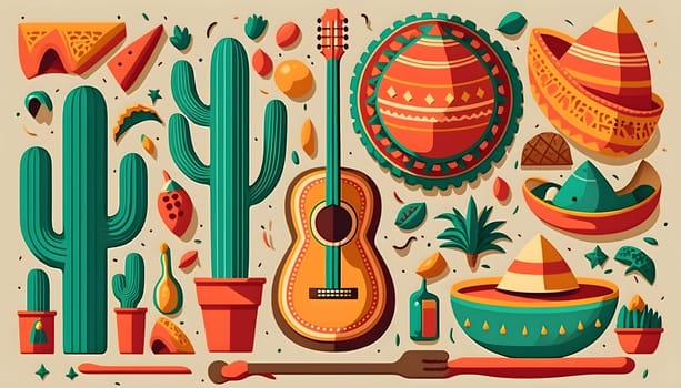 Mexican holiday Cinco de Mayo, May 5 retro style pattern background with Mexican traditional national ethnic symbols flags, flowers, decorations, guitar, hat, cactuses. AI Generative content