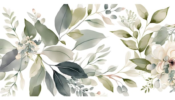 Floral botanical hand painted watercolor illustration background for wedding invitation, wallpapers or graphic design with airy soft color flowers and green leaves in boho style. AI Generative content