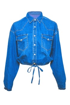 Jeans jacket isolated. Beautiful female stylish fashionable denim short blue jacket on mannequin. Clipping path. Jeans shirt with pockets.