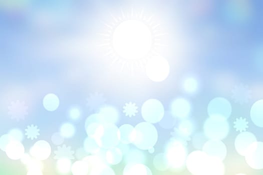 Abstract bright gradient motion spring or summer landscape texture background with natural blue green bokeh lights and blue bright sunny sky. Beautiful backdrop with space for design.
