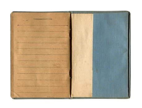 front view closeup detail of small old open notebook with vintage yellow brown lined paper and stained cloth blue cover isolated on white