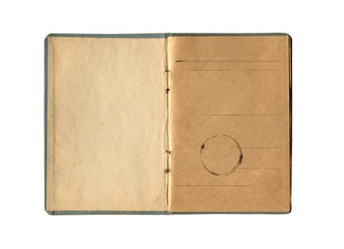 front view closeup detail of small old notebook with vintage yellow brown paper and seal stamp and empty first page open and isolated on white