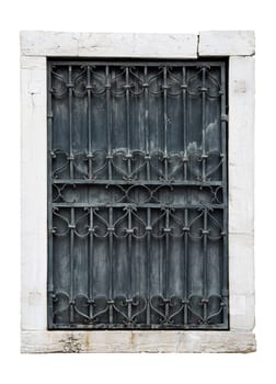 front view closeup of vintage square window with stone marble frame protected with metallic railing bars isolated on white