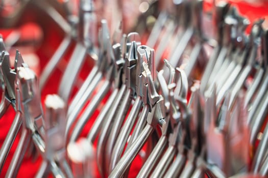 perspective view closeup of row of various stainless steel dental extraction forceps tools on display on red background with shallow depth of field
