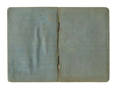 front view closeup detail of small old open notebook vintage blue cover with stained and wrinkled buckram canvas cloth isolated on white