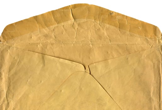 front view closeup of blank old aged open letter paper document envelope with torn edges isolated on white background