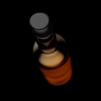 top view 3d illustration closeup of black metallic screw cap on top of tall whiskey bottle on black background