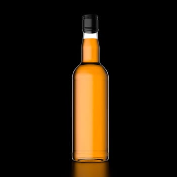 3d illustration front view closeup of tall whiskey bottle with no label and black metallic screw cap on black background