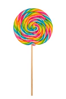 closeup detail of colorful lollipop candy on a stick  isolated on white background