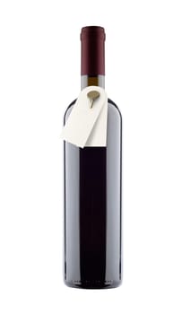 front view closeup mockup of red wine bottle with paper label tags hanging on neck isolated on white background