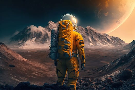 Astronaut in a Space Suit Explores Red Planet Mars. space travel, Colonization and exploration Concept - generative AI, AI Generated
