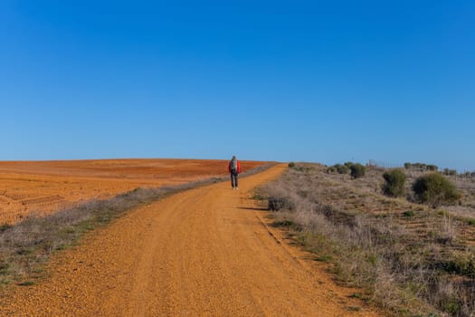 Extremadura, Spain, 27 March, 2023: Pilgrim walk along the Camino De Santiago, the Way of St. James pilgrimage route, Extremadura, Spain.