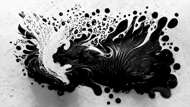 Abstract black splash flowing on bright wall in horizontal banner format