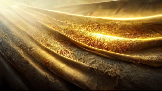 Abstract art fluid golden waves background full frame with bright lightning. Artificial Art.