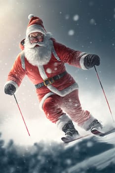 Santa Clause is skiing on a mountain with high snow. Artificial Art Generated
