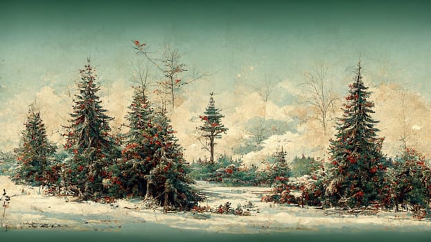 Retro christmas card with fir and snow landscape abstract digital art.