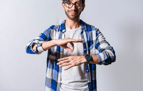 Young man gesturing in sign language, People who speak in sign language. Manual gestures of people with hearing problems, Person speaking in sign language isolated