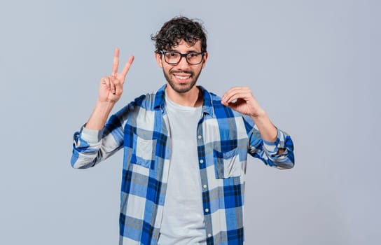 Interpreter man gesturing LOVE AND PEACE in sign language isolated. Smiling person gesturing anir and peace in sign language, Young man gesturing LOVE AND PEACE in sign language