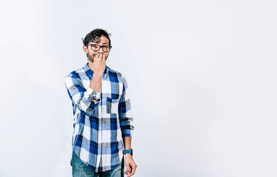 Gesticulation of EAT in sign language. Man gesturing EAT in sign language on isolated background. Deaf and dumb person showing EAT in sign language. Nonverbal communication concept