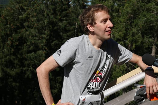 Men's winner Christian Riedl was a sought-after interview partner at the Red Bull 400 - Germany premiere Titisee-Neustadt