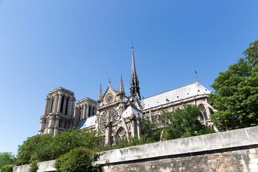 Notre-Dame Cathedral in Paris, France with a clear blue sky behind it. Photo taken from the Seine river.