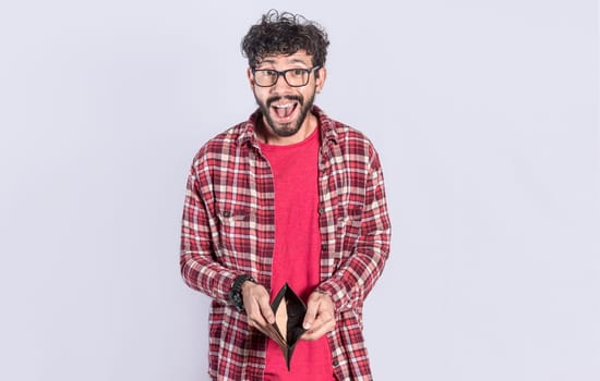 unhappy and shocked man looking into an empty wallet, Surprised person seeing his empty wallet, young man with wallet without money on white background