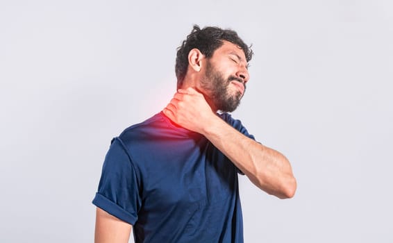 Neck pain and stress concept, man with neck muscle pain, Close up of man with neck pain, a man with neck pain on isolated background.