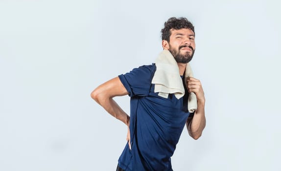 Person with back problems on isolated background, Man with spine problems, lumbar problems concept, a sore man with back pain