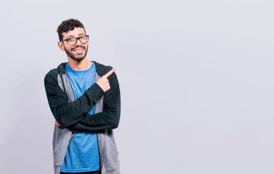 Smiling people pointing a banner to the side, Happy person pointing fingers to the sides, smiling man pointing a space to the side