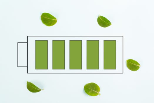 Green energy battery with leaves, sustainable renewable electricity power, csr concept, environment protection, eco technology