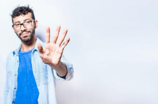 Portrait of people counting number five on isolated background. Person hand counting number five. Handsome man hand showing number five, man counting number 5