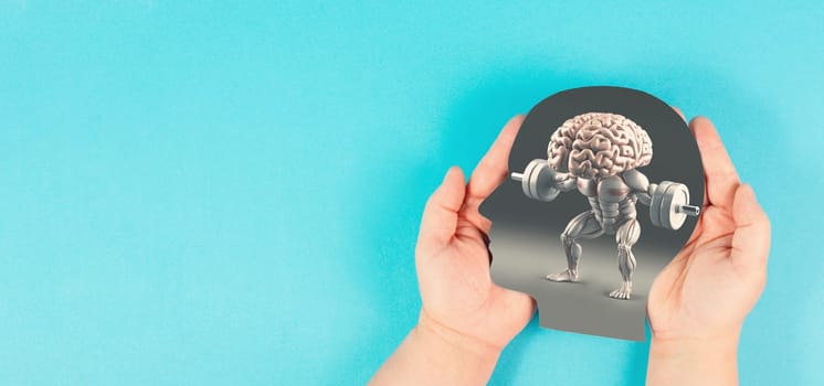 Human brain lifts weight with dumbbell, memory and mind training, brain power and mindset, generative AI used for the brain