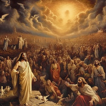 Revelation of Jesus Christ, new testament, religion of christianity, heaven and hell over the crowd of people, Jerusalem of the bible, generative AI